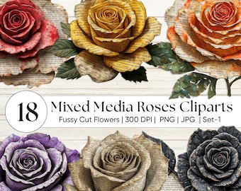 Mixed Media Rose Fussy Schnitt PNG - Vintage Distressed Blumen Clipart - Antike Rose Ephemera Junk Journals & Scrapbooking - Grunge Shabby Chic