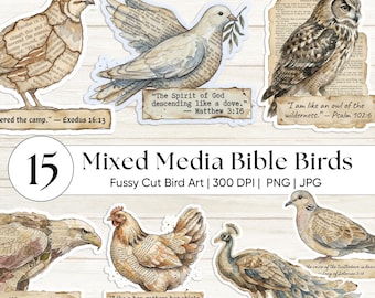 ミックスメディアのヴィンテージ鳥、キリスト教クリップアートPNG、聖書の一節のエフェメラ、励ましのステッカー、水彩画のロビン、ジャンクジャーナル用品アート