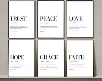 Christliches Zitat Print-Set Glaube Hoffnung Liebe Vertrauen Schrift Sprüche, Gnade Freude Frieden Amen (digitaler Download)