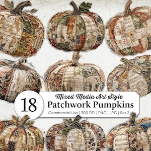 May include: A collection of 18 digital patchwork pumpkins in a mixed media art style. Each pumpkin features a variety of fabric textures, including vintage sheet music, floral patterns, and autumn-themed prints with frayed edges and burlap stems.