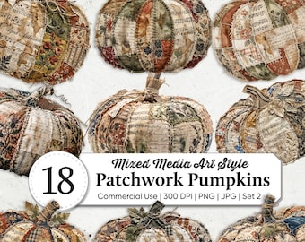 Mixed Media Halloween Pumpkin Clipart Bundle | Autumn Patchwork Pumpkin PNGs | Vintage Collage Ephemera | Junk Journal Scrapbook Supplies