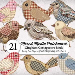 May include: A collection of 21 mixed media patchwork bird cutouts. The birds feature various gingham patterns in red, pink, blue, and tan, with some incorporating newspaper and floral fabric accents. Each bird has a unique design and texture.