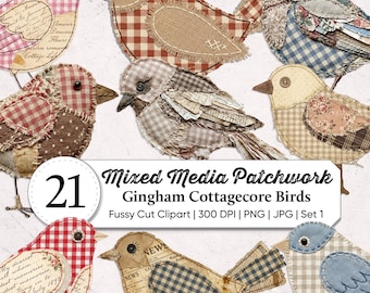 Mixed Media Bird Patchwork Clipart PNG | Cottagecore Gingham Birds | Vintage Junk Journal Ephemera | Shabby Chic Aviary Collage Set-1