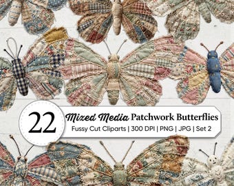 Mixed Media Patchwork Butterfly Clipart | Shabby Chic Rustic Cottage Floral PNG | Vintage Collage Ephemera | Junk Journal Scrapbook | Set-2