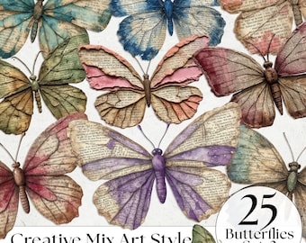 Fjärilsclipart med blandteknik | Vintage Lepidoptera-konst | Antik nödställd fjäril PNG | Skräpjournal-ephemera | Dark Academia-dekor