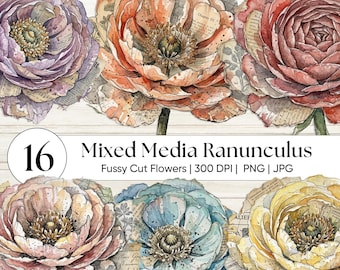 Mixed Media Ranunkel Fussy Schnitt Floral Clipart PNG - Vintage Distressed Grunge Flower Ephemera Junk Journals, Scrapbooking & Shabby Chic