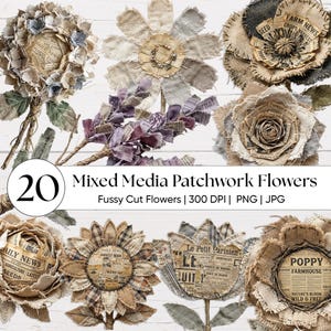Pode incluir: Uma coleção de 20 flores de patchwork de técnica mista em várias formas. As flores são feitas de tecido e recortes de jornais, com tons neutros de bege, castanho e cinzento. Algumas flores têm texto de jornais. A imagem inclui o texto "Mixed Media Patchwork Flowers".