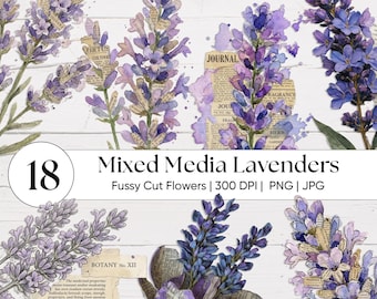 Mixed Media Lavendel Blumenkunst | Vintage französischer lila Lavendel | Provence Botanische PNG | Junk Journal Kit | Antike Ephemera Illustration