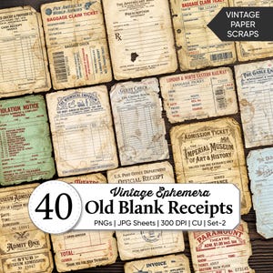 Pode incluir: Uma coleção de quarenta pedaços de papel em estilo vintage com vários formulários impressos, incluindo bilhetes de bagagem, notas de convidados, bilhetes de admissão e recibos com texturas envelhecidas e manchadas.