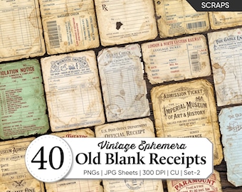 Vintage Old Blank Receipts Paper Pack | Antique Invoice & Ledger Papers | Junk Journal Ephemera | Printable Collage Sheets Digital Download
