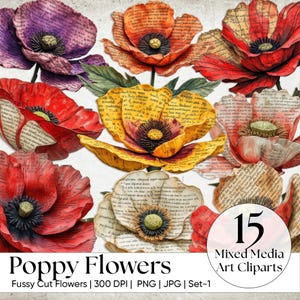 Op de afbeelding: Een verzameling mixed media klaproos bloem cliparts in verschillende kleuren, waaronder rood, oranje, geel en paars. De bloemblaadjes zijn gemaakt van papier met tekst. De afbeelding bevat de tekst "Poppy Flowers" en "15 Mixed Media Art Cliparts."