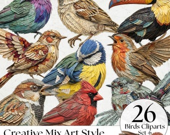 ミックスメディアの鳥の切り抜きクリップアート - ジャンクジャーナル、スクラップブッキング、シャビーシック向けのヴィンテージ植物鳥PNGエフェメラ - グランジテクスチャセット6