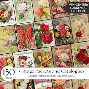 Puede incluir: Una colección de paquetes de semillas y catálogos vintage, con ilustraciones florales coloridas. La imagen incluye el texto "19th-Century Gardening Ephemera", "Vintage Packets and Catalogues" y "150 Pages".
