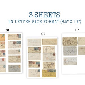 May include: Three sheets in letter size format (8.5" x 11") featuring a collection of vintage envelopes with handwritten addresses, postmarks, and postage stamps. The envelopes are arranged in three distinct groups labeled 01, 02, and 03.