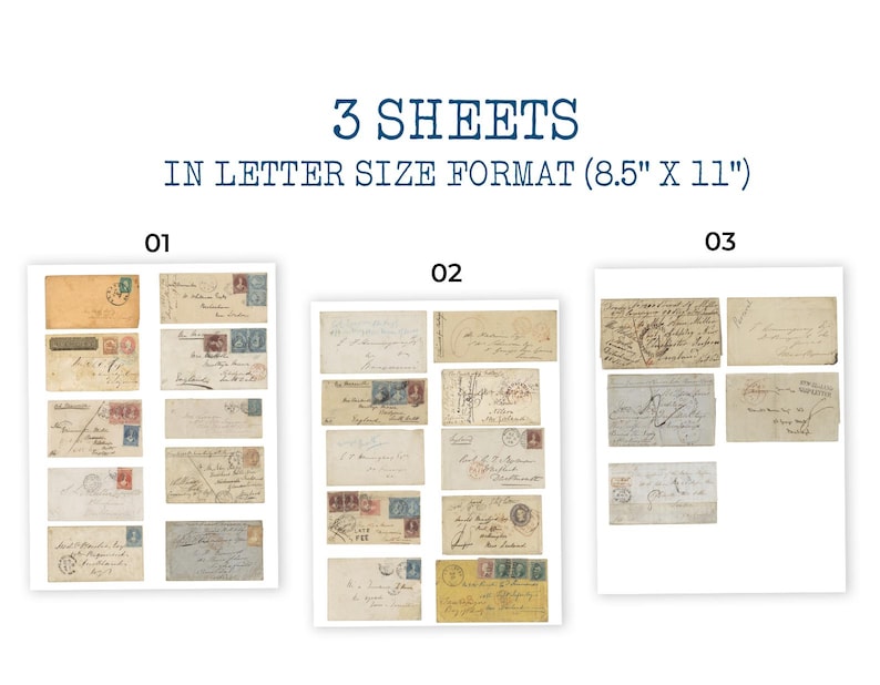 May include: Three sheets in letter size format (8.5" x 11") featuring a collection of vintage envelopes with handwritten addresses, postmarks, and postage stamps. The envelopes are arranged in three distinct groups labeled 01, 02, and 03.