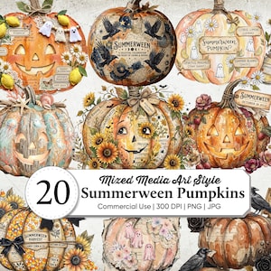 May include: A collection of twenty digital illustrations featuring pumpkins decorated with various themes including ghosts, sunflowers, crows, lemons, and sea life, with text overlays such as Summerween, Summer Harvest, and Citrus Limon.