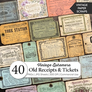 Lot de papiers anciens tickets et reçus vintage | Documents anciens à imprimer | Feuilles de collage d'archives | Éphémères pour journal créatif | Téléchargement numérique
