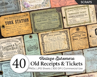 Vintage Old Tickets & Receipts Paper Pack | Printable Antique Documents | Archive Collage Sheets | Junk Journal Ephemera | Digital Download
