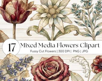 Mischtechnik Fuzzy Schnitt Blumen Clipart | Tropische Blumencollage PNG | Strukturierte botanische Grafik | Junk Journal Ephemera | Sammelalbum Blume