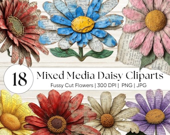 Mixed Media Daisy Clipart, Botanische PNG, Vintage Blumen Ephemera, Junk Journal Scrapbooking, Shabby Chic Kunsthandwerk, Antike Bibel Daisy Floral