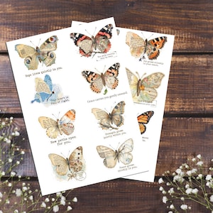 May include: A collection of butterfly illustrations on white paper, each featuring vintage book page textures and inspirational text. The butterflies display various wing patterns in shades of orange, blue, and brown, with printed phrases like Hope lives quietly in you and Grace carries you gently onward.