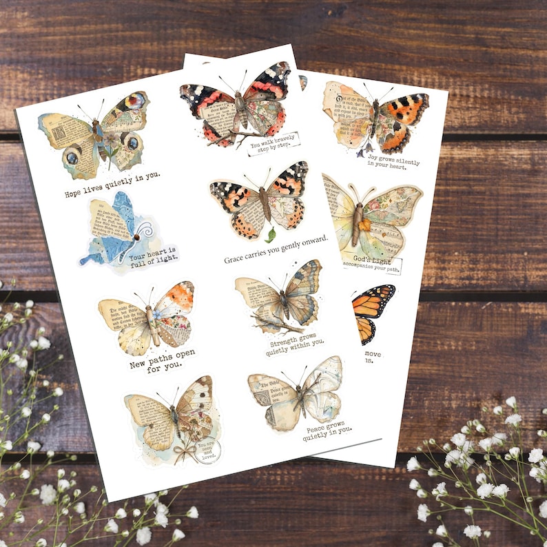 May include: A collection of butterfly illustrations on white paper, each featuring vintage book page textures and inspirational text. The butterflies display various wing patterns in shades of orange, blue, and brown, with printed phrases like Hope lives quietly in you and Grace carries you gently onward.