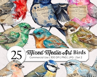Mixed Media Bird Fussy Cut Clipart PNG - Vintage Botanical Bird Ephemera for Junk Journals, Scrapbooking & Shabby Chic DIY - Grunge Texture