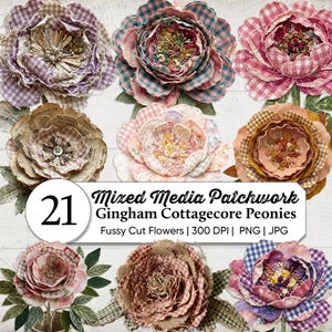 May include: A collection of 21 mixed media patchwork gingham cottagecore peonies. The flowers are made from various fabrics, including gingham, burlap, and paper. The color palette includes pinks, purples, and creams. The image also includes the text "Mixed Media Patchwork Gingham Cottagecore Peonies".