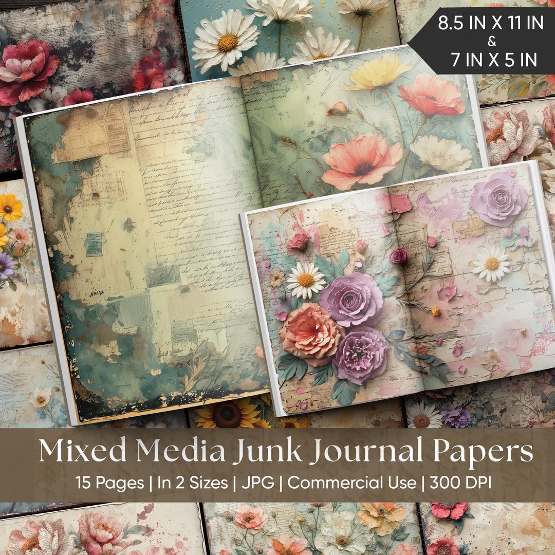 Mixed Media Flowers Junk Journal Kit | Vintage Botanical Ephemera ...