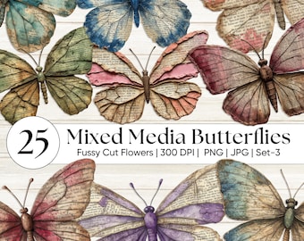 Mixed Media Schmetterling Clipart | Vintage Lepidoptera Kunst | Antiker beunruhigter Schmetterling PNG | Junk Journal Ephemera | Dark Academia Dekor