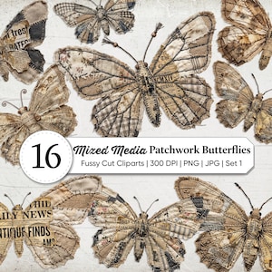 May include: A collection of sixteen mixed media patchwork butterfly clip art images. The butterflies are made from fabric scraps with newspaper and floral patterns. The image includes the text "Mixed Media Patchwork Butterflies".