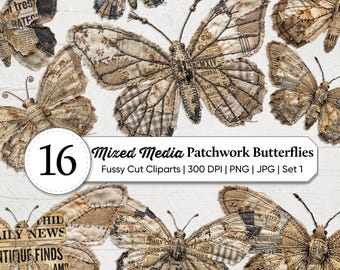Mixed Media Patchwork Butterfly Clipart | Shabby Chic Rustic Cottage Floral PNG | Vintage Collage Ephemera | Junk Journal Scrapbook | Set-1