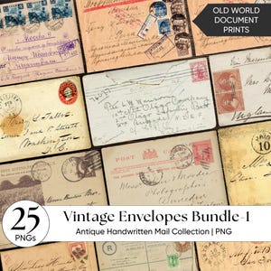 May include: A collection of vintage envelopes with stamps and handwritten text. The image includes a variety of sizes and colors, with text that reads "Vintage Envelopes Bundle-1" and "Antique Handwritten Mail Collection | PNG".