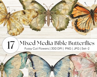 Mixed Media Schmetterlinge Bibeltext | Christian Lepidoptera PNG | Bibel Vers Ephemera | Schrift Aufkleber | Botanische Junk Journal Zubehör