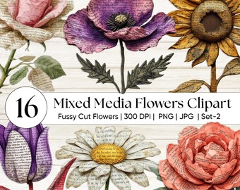 Fleurs coupées floues techniques mixtes Clipart | Album de collage floral tropical PNG | Graphique botanique texturé | Éphémères pour journaux indésirables | Lot-2