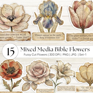 Flores antiguas en técnica mixta, PNG floral cristiano, efímeras de versículos bíblicos, pegatinas de las Escrituras, ilustración botánica, suministros para revistas basura
