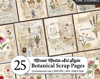 Mixed Media Botanical Scrap Pages Bundle | Vintage Field Notes Journal Papers | Nature Collage Ephemera | Botanical Junk Journal Printables