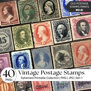 Könnte beinhalten: Eine Sammlung von 40 Vintage-Briefmarken in verschiedenen Farben, mit Porträts und historischen Designs. Die Briefmarken sind auf einer dunklen Oberfläche angeordnet, mit dem Text "Vintage Postage Stamps" und "Old Postage Stamps Prints NO AI".
