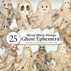 Könnte beinhalten: Eine Sammlung von 25 digitalen Geisterillustrationen aus Vintage-Ephemera, darunter gealtertes Papier, handgeschriebene Briefe und Buchhaltungsseiten. Die Geister haben verschiedene Ausdrücke, mit dem Text Mixed Media Vintage Ghost Ephemera.