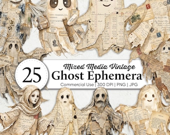 Mixed Media Halloween Ghost Clipart Bundle | Vintage Halloween Ephemera Collage | Old Tickets, Postcards & Letters | Junk Journal Supplies