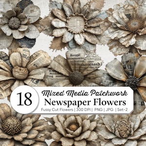 May include: A collection of eighteen decorative flowers crafted from vintage newspaper clippings with varied petal shapes and textured centres. A white rectangular label overlays the centre with the text 18 Mixed Media Patchwork Newspaper Flowers Fussy Cut Flowers | 300 DPI | PNG | JPG | Set-2.