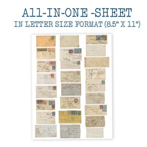 May include: An all-in-one sheet in letter size format (8.5" x 11") featuring a collection of vintage envelopes and postcards with handwritten addresses, postage stamps, and postmarks in various shades of beige, cream, and off-white paper.