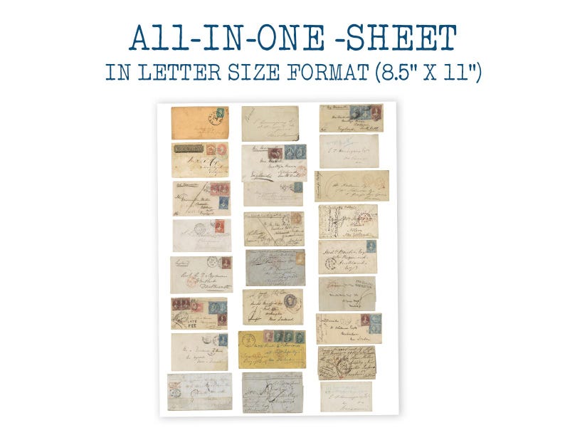 May include: An all-in-one sheet in letter size format (8.5" x 11") featuring a collection of vintage envelopes and postcards with handwritten addresses, postage stamps, and postmarks in various shades of beige, cream, and off-white paper.