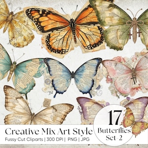 May include: A collection of 17 butterfly clip art images in various colors, including orange, blue, and green. The butterflies have a vintage, collage-like aesthetic, with text from old books incorporated into their wings. The set is labeled "Butterflies Set-2."