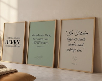 Ensemble de 3 affiches Bibelverse | Art mural verset de la Bible en allemand | Josué Psaume 4:9 | Christliche Wanddeko Minimalistisch | Décoration vert sauge et beige -
