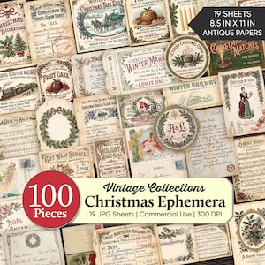 May include: A collection of 100 pieces of vintage Christmas ephemera printed on 19 sheets measuring 8.5 inches by 11 inches. The set features antique-style papers with holiday graphics, including railway tickets, sheet music, and festive illustrations.