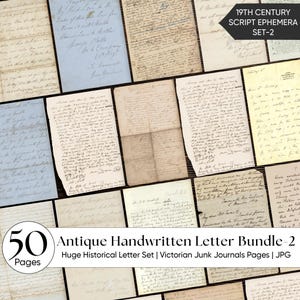 May include: A collection of antique handwritten letters and documents, featuring aged paper with faded ink. The image includes text that reads "19th Century Script Ephemera Set-2" and "Antique Handwritten Letter Bundle-2". The bundle contains 50 pages.