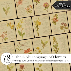 May include: A collection of vintage botanical illustrations from the 19th century, featuring floral arrangements and text from "The Bible Language of Flowers." The pages are aged with a sepia tone, and the set includes 78 pages. The text includes the title and the words "Vintage Junk Journal Kit | Antique Botanical Paper | JPG."
