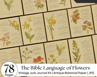 Kit de diario vintage: El lenguaje bíblico de las flores - Papel botánico cristiano antiguo - Páginas de efímeras de escrituras florales del siglo XIX