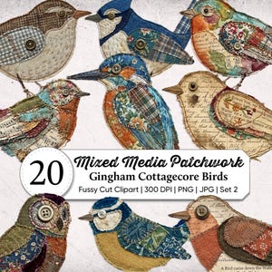 May include: A collection of 20 mixed media patchwork bird designs. The birds feature a variety of colors, patterns, and textures, including floral prints, gingham, and vintage paper. Each bird has a button detail. The text on the image reads "Mixed Media Patchwork Gingham Cottagecore Birds".